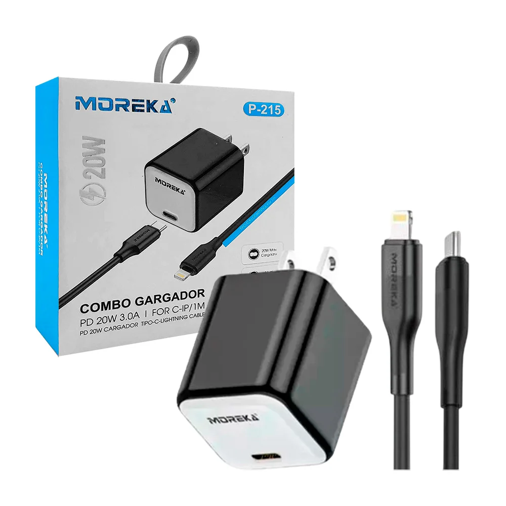 Combo cargador de 20w bicolor con cable tipo lightning y cubo cargador con entrada tipo c / p-215