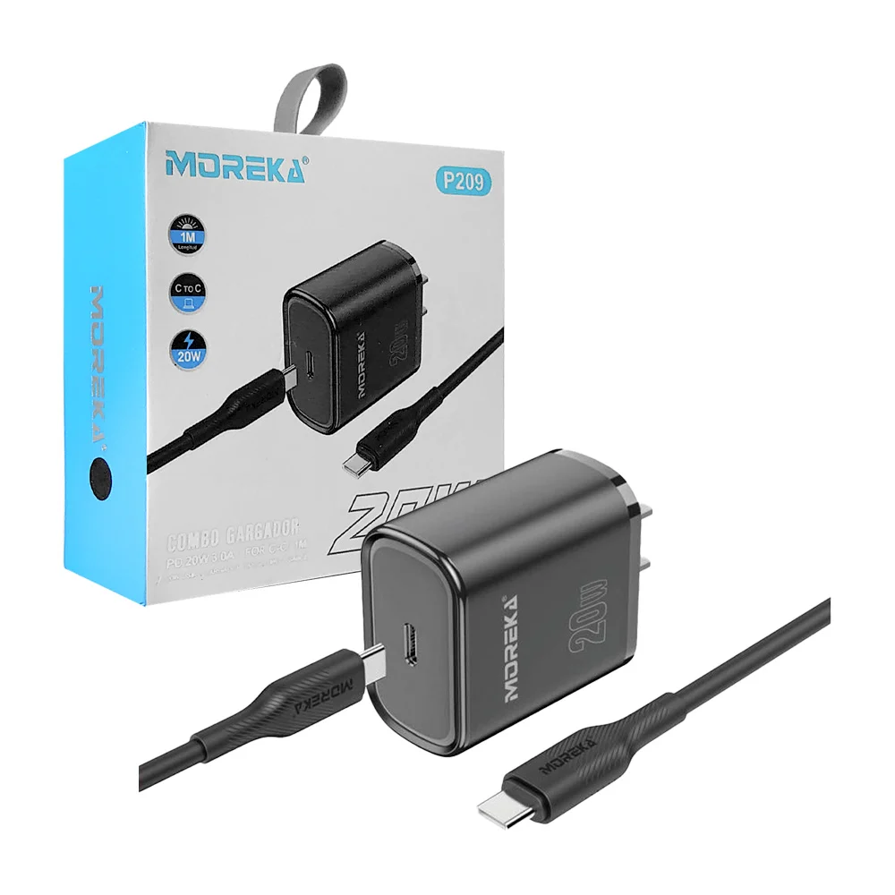 Combo cubo cargador moreka con puerto usb-c + cable de 1 metro con entrada tipo c a tipo c, 20w / p209