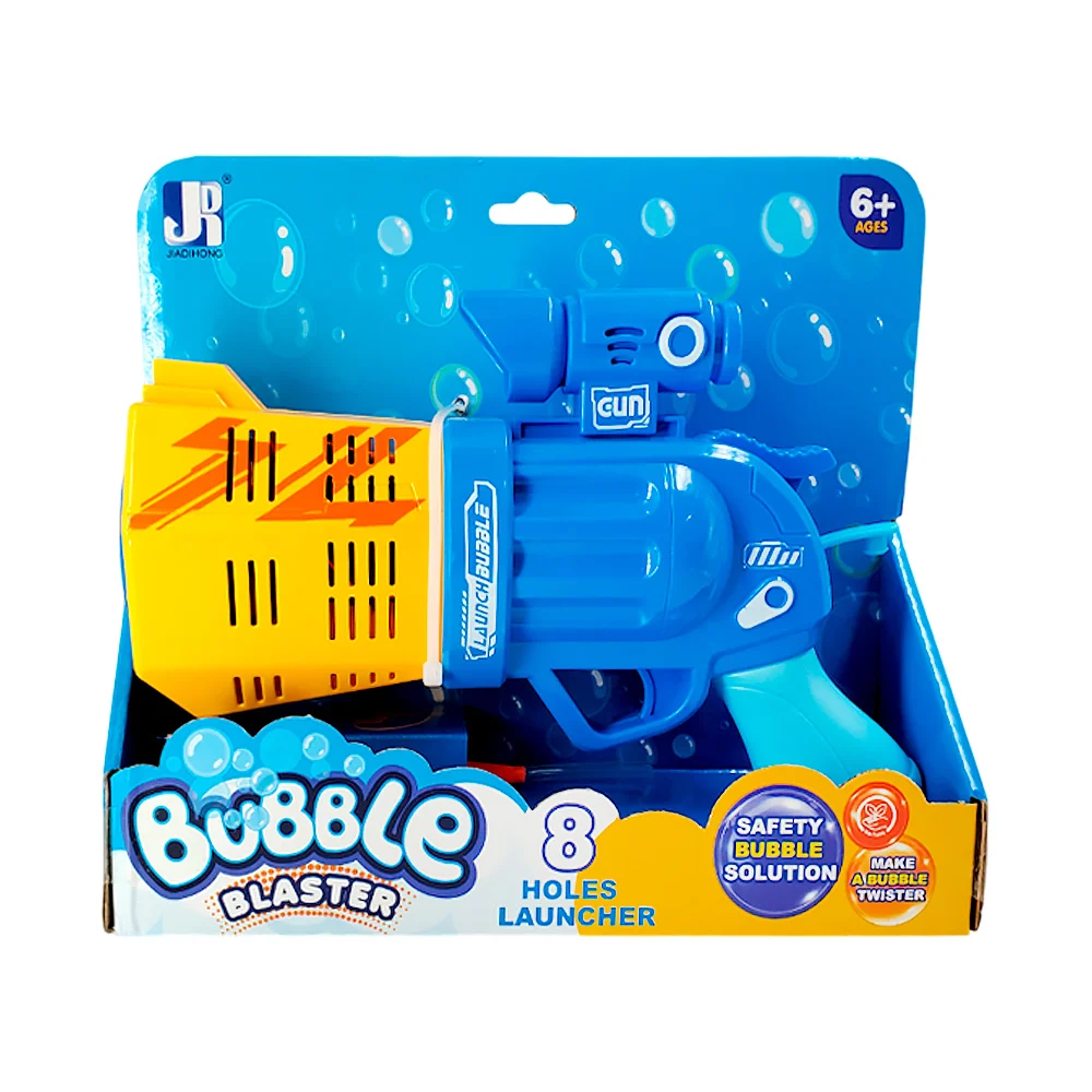 Pistola tipo revólver lanza burbujas recargable + bote de agua con jabón / bubble blaster