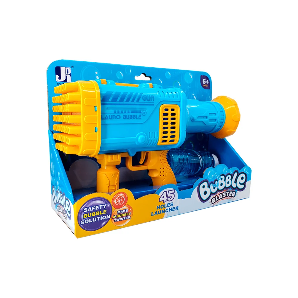 Pistola lanza burbujas, con 45 cañones, agarradera, bote de agua con jabón, de pilas, variedad de colores / bubble blaster / launch