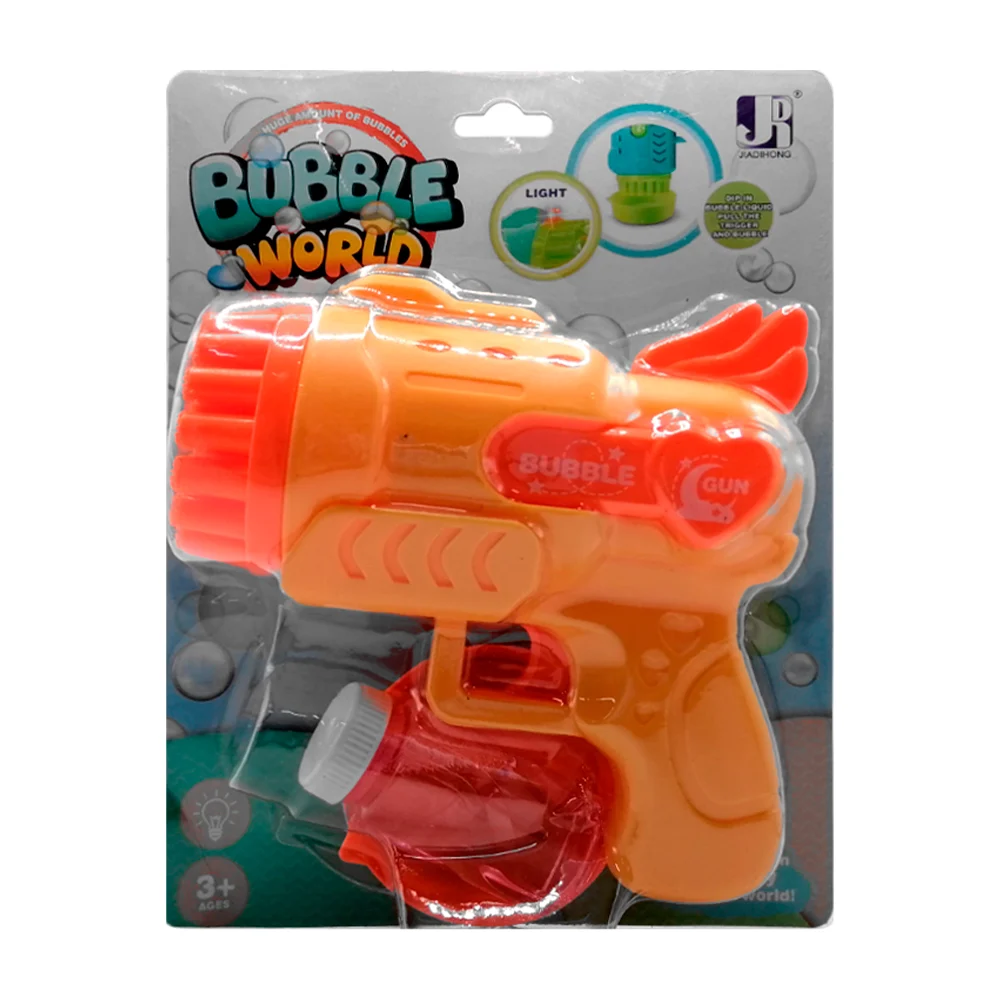Pistola con luz led y 29 agujeros para hacer burbujas + bote de agua con jabón / bubble world