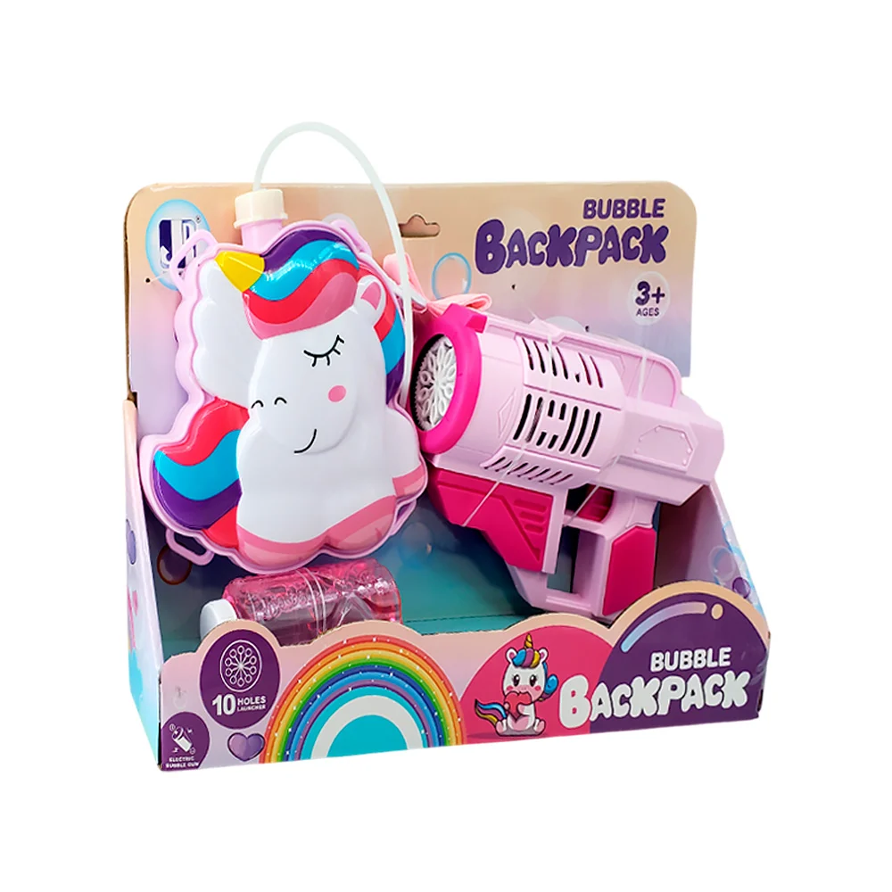 Pistola lanza burbujas con tanque tipo mochila en forma de unicornio + bote de agua con jabón / bubble backpack