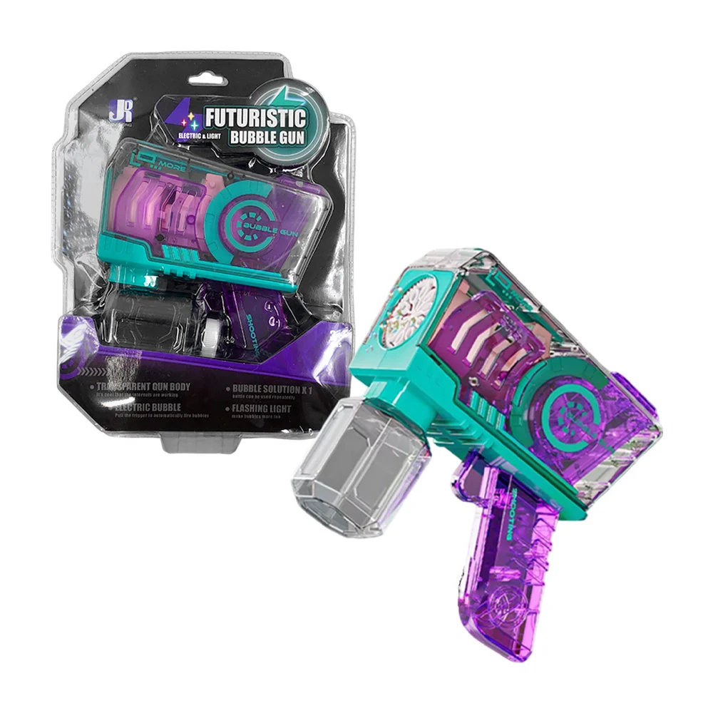Pistola eléctrica transparente lanza burbujas con luz + bote de agua con jabón / futuristic bubble gun