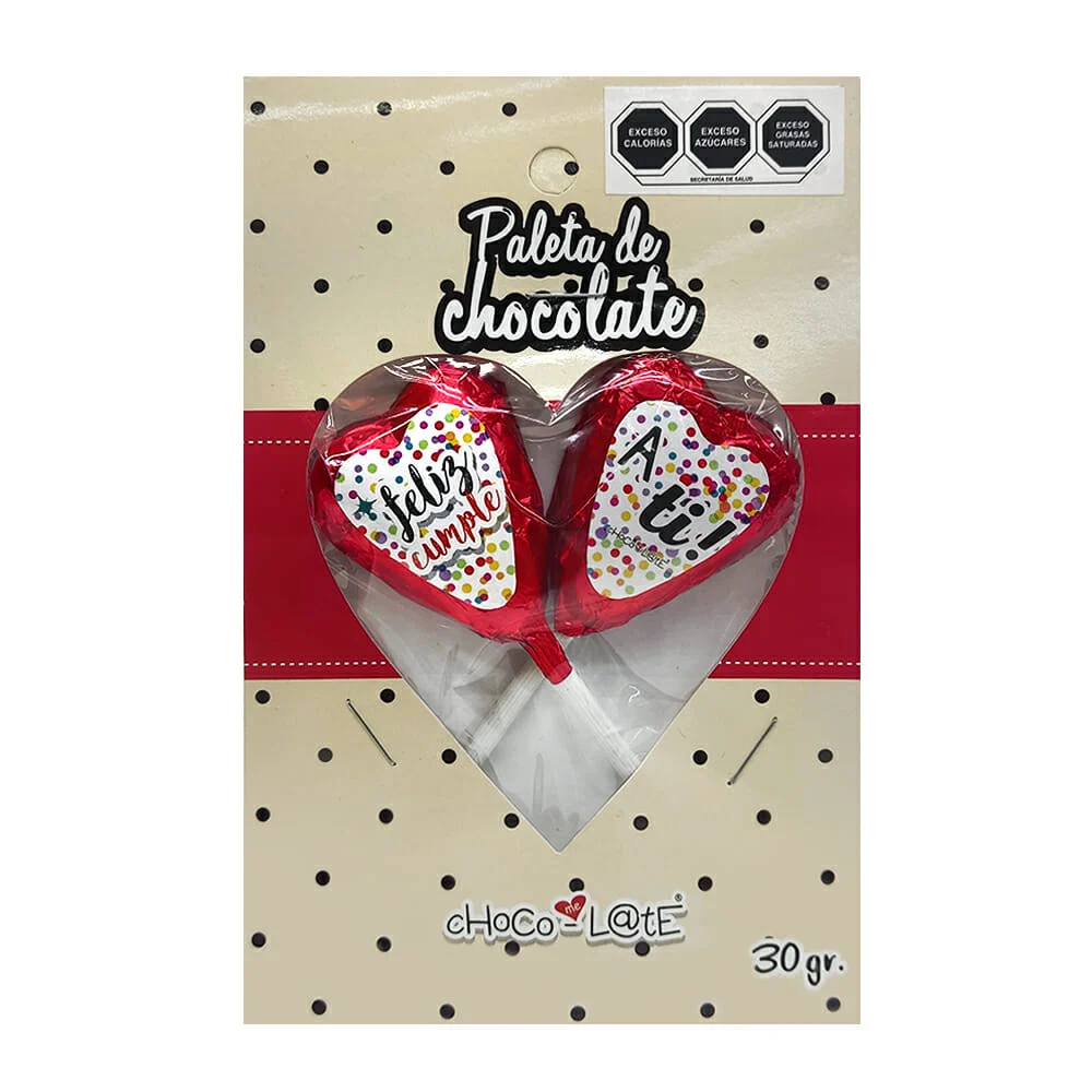 Paquete con 2 paletas de chocolate en forma de corazón con frases 30gr, variedad de diseños / choco me late