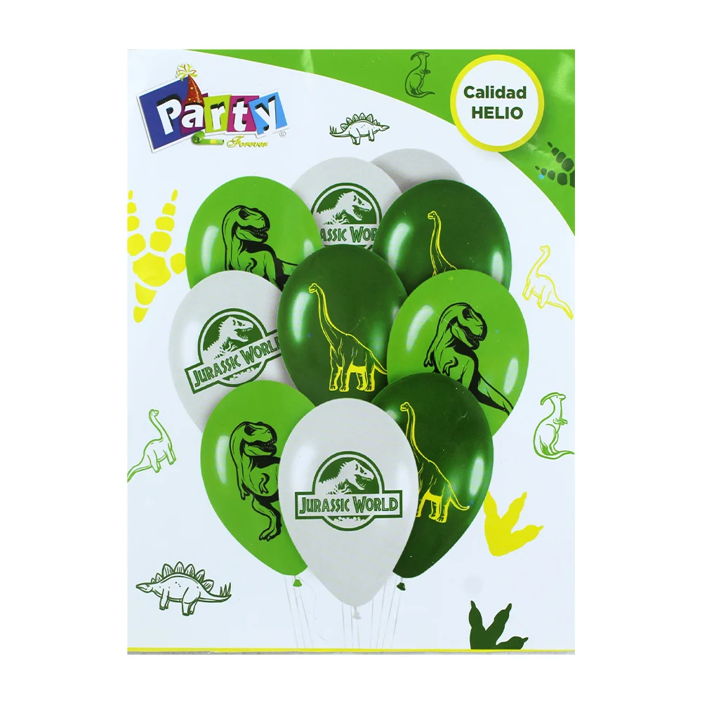 Paquete con 10 globos decorativos de látex con temática de jurassic world / party forever / calidad helio