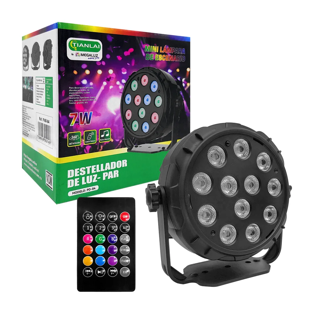 Lámpara mediana inteligente para escenario con luz rgb, bocina bluetooth, 7w y control remoto / par-04 / tianlai