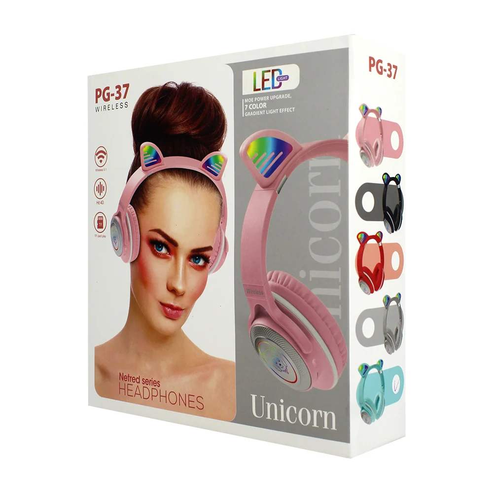 Audífonos de diadema inalámbricos sonido 4d hasta 5h de funcionamiento con orejitas y luz led, variedad de colores / pg-37