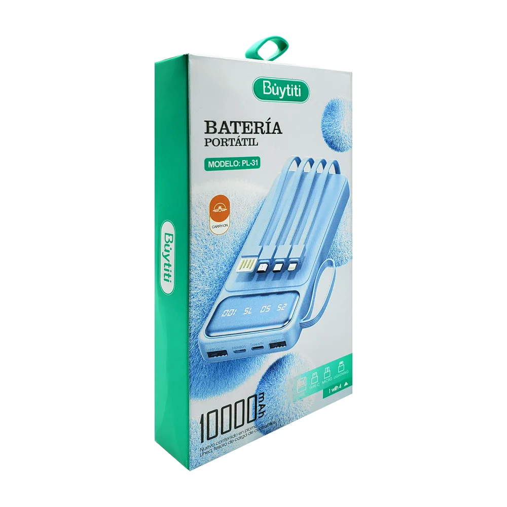 Power bank / batería portátil buytiti con 2 puertos usb, puerto tipo c, puerto v8, pantalla digital, cable usb, v8, tipo c y lightning, 10000mah, variedad de colores / pl-31 / pl-45