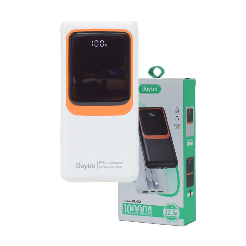 Power bank / batería portátil de 10000mah buytiti con entrada tipo c, usb, y dos cables de salida tipo c, lightning, con pantalla digital, variedad de colores / pl-32