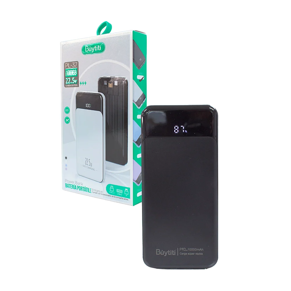 Power bank / batería portátil de 10000mah buytiti con entrada usb, tipo c, y lightning, pantalla digital, variedad de colores / pl-37