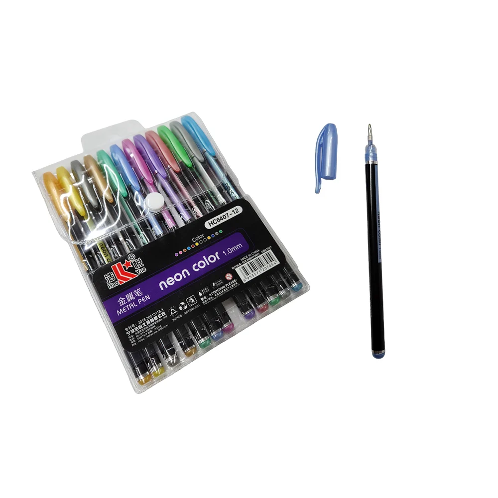 Paquete con 12 plumas de gel en tono metálico de colores neón y punta de 1mm, metal pen neon color / hc6407-12 / c024-j
