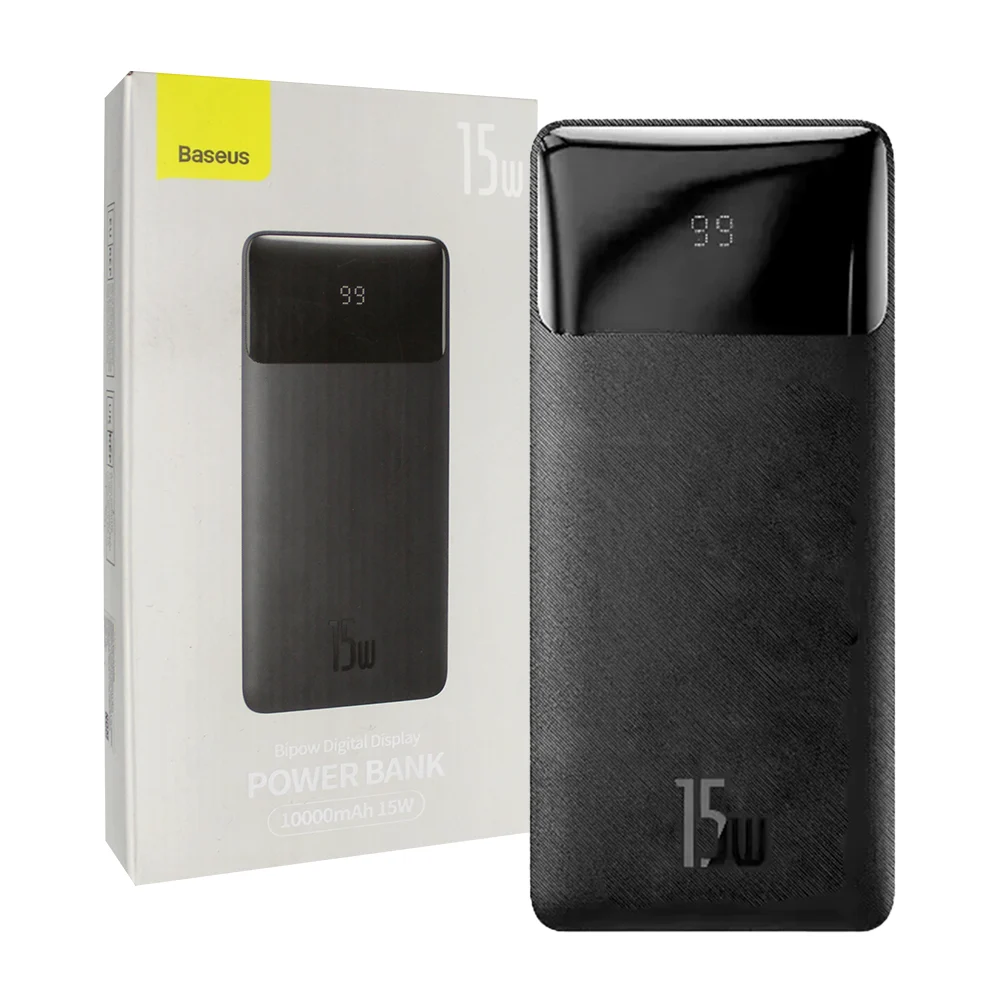 Power bank / batería portátil baseus con 2 puertos usb, 1 puerto tipo-c, pantalla digital + capacidad de 10000mah-15w / bat001n