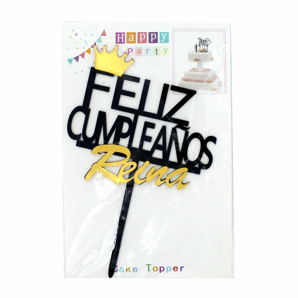1pza Cake topper feliz cumpleaños reina con corona / happy party / pt-1054