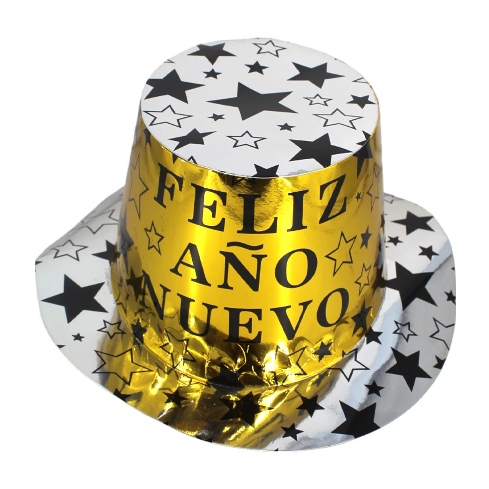 1pza Sombrero de cartulina metálica con leyenda feliz año nuevo y estrellas, variedad de colores / pt-2163