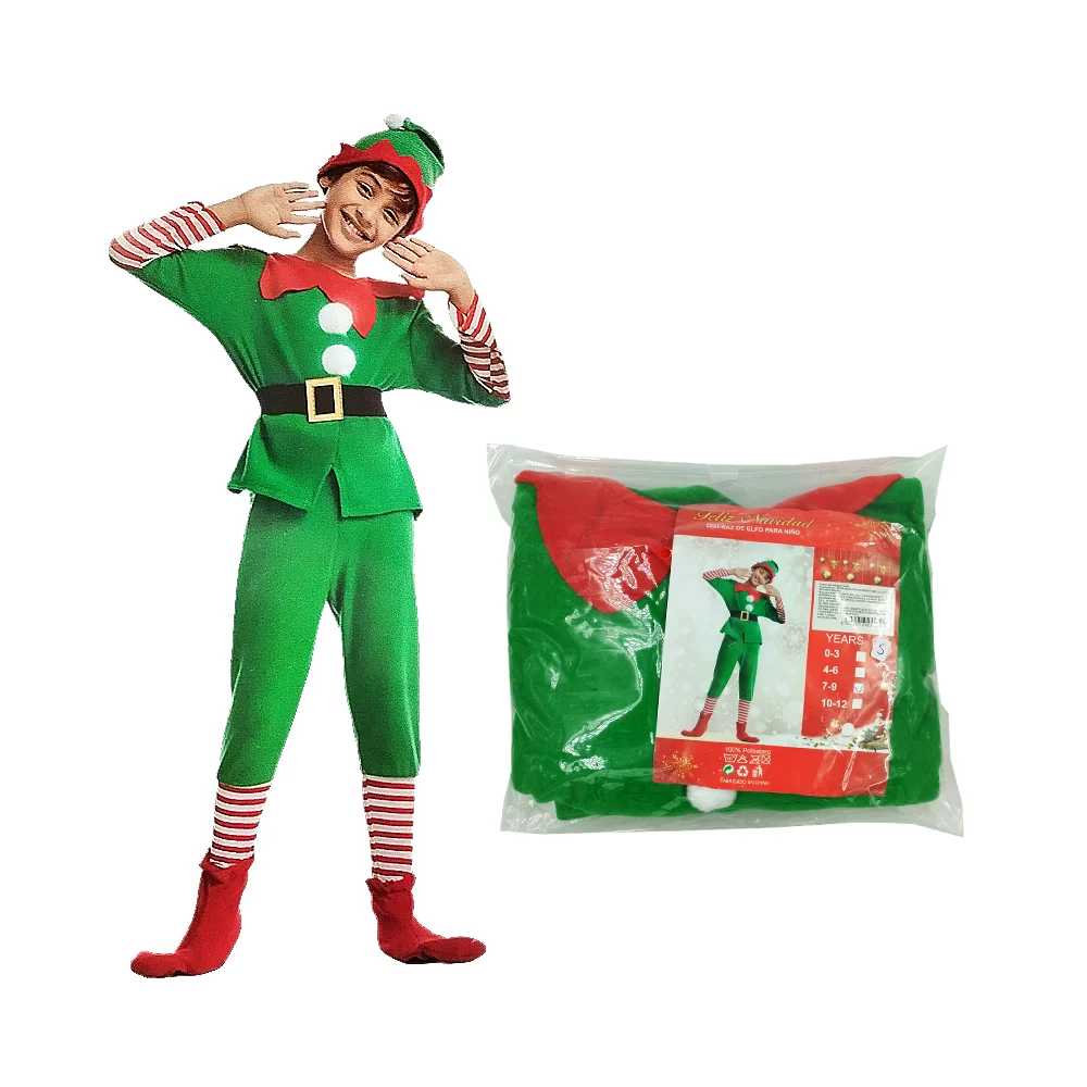 Disfraz de duende elfo para niño con camisa + pantalón, gorro, zapatos y cinturón, variedad de tallas / pt-2479