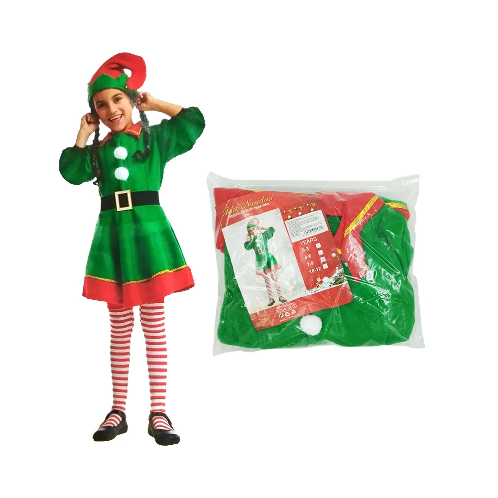 Disfraz de duende elfo para niña con vestido, medias, gorro y cinturón, variedad de tallas / pt-2481