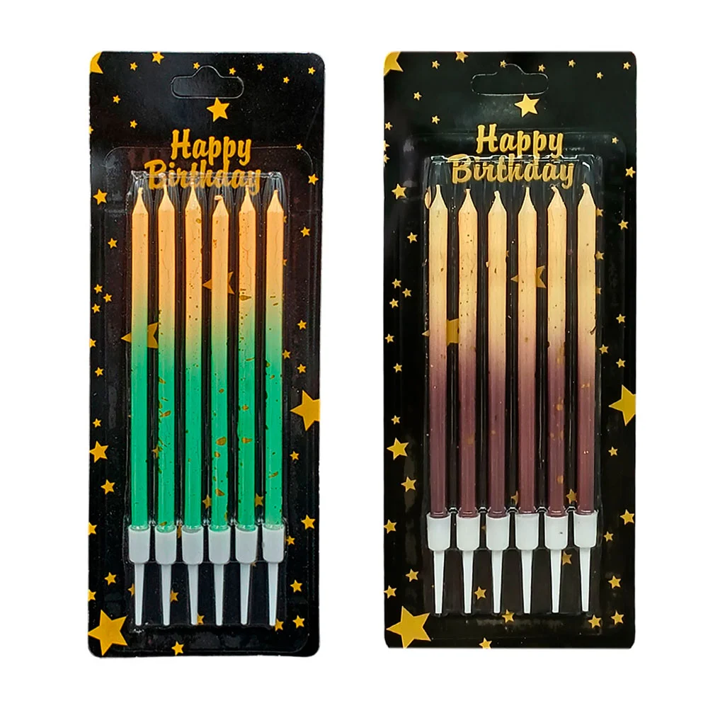 Paquete de 6 velas bicolor para fiesta con detalles en color metálico / pt10852