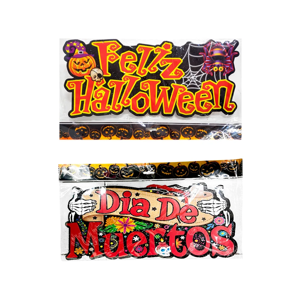 Letrero decorativo con frase de feliz halloween o día de muertos + brillantina, 42x18cm / pt10897