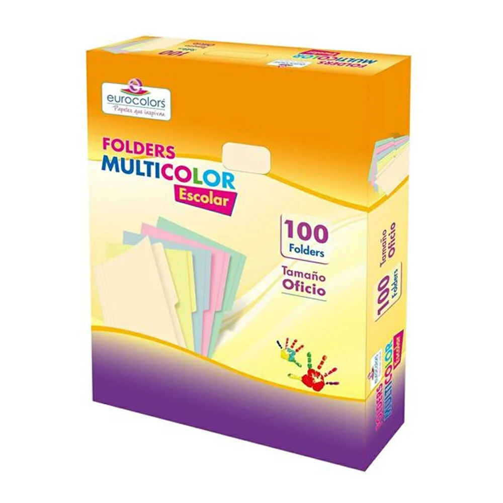 Paquete con 100 carpetas folders eurocolors tamaño carta color crema pastel con media ceja / bc1008