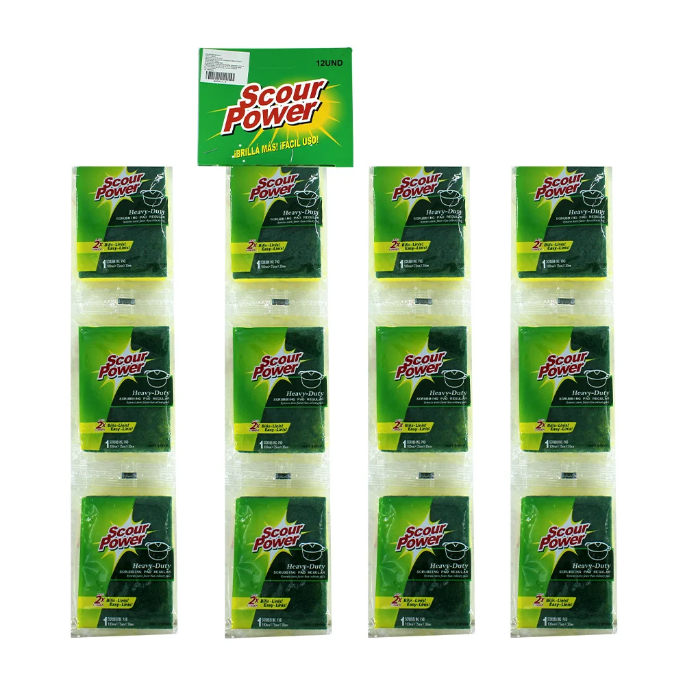 1pza Esponja estropajo rectangular para lavar trastes de color verde con amarillo / scour power