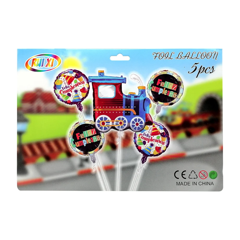 Set de 5 globos metálicos con temática de tren - feliz cumpleaños, variedad de modelos / qq-128