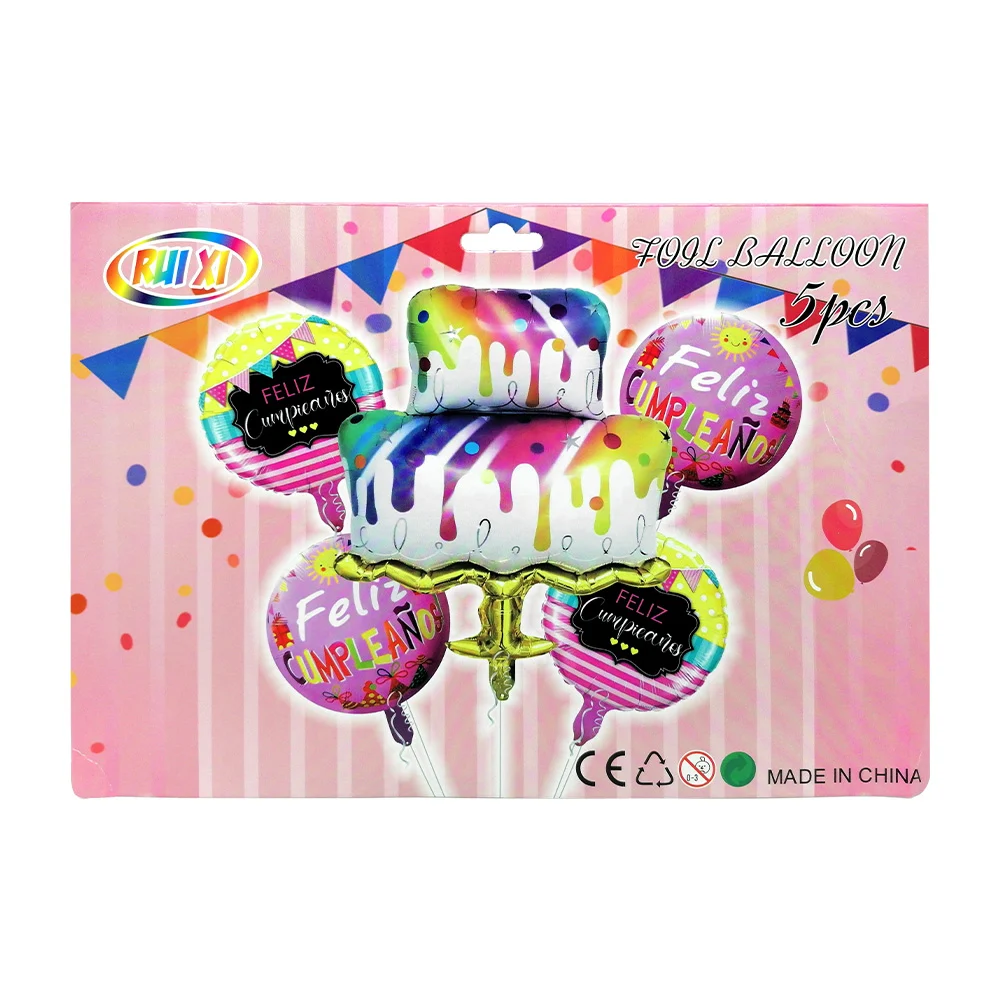 Set de 5 globos metálicos con diseño de pastel - feliz cumpleaños / rui xi / qq-131