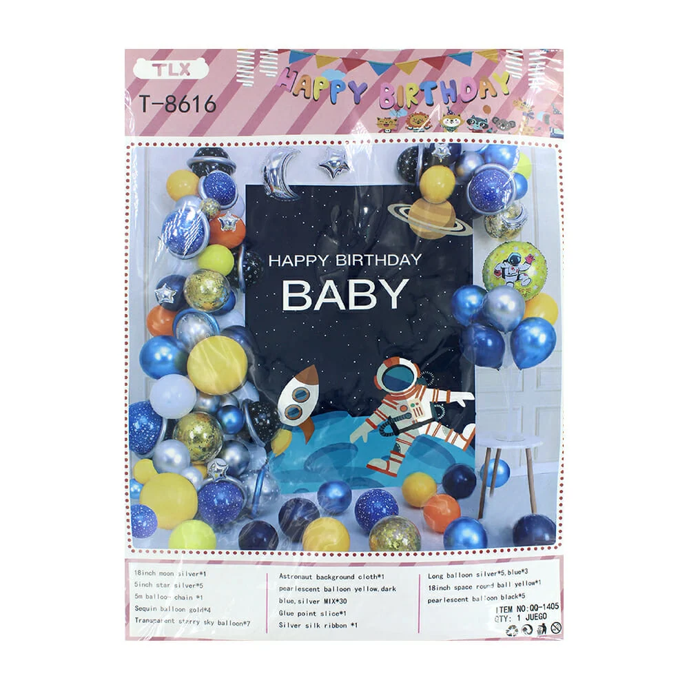 Paquete con póster rectangular happy birthday baby, cadena 5 metros para globos y 62 globos con temática espacial astronauta para fiesta / t-8616