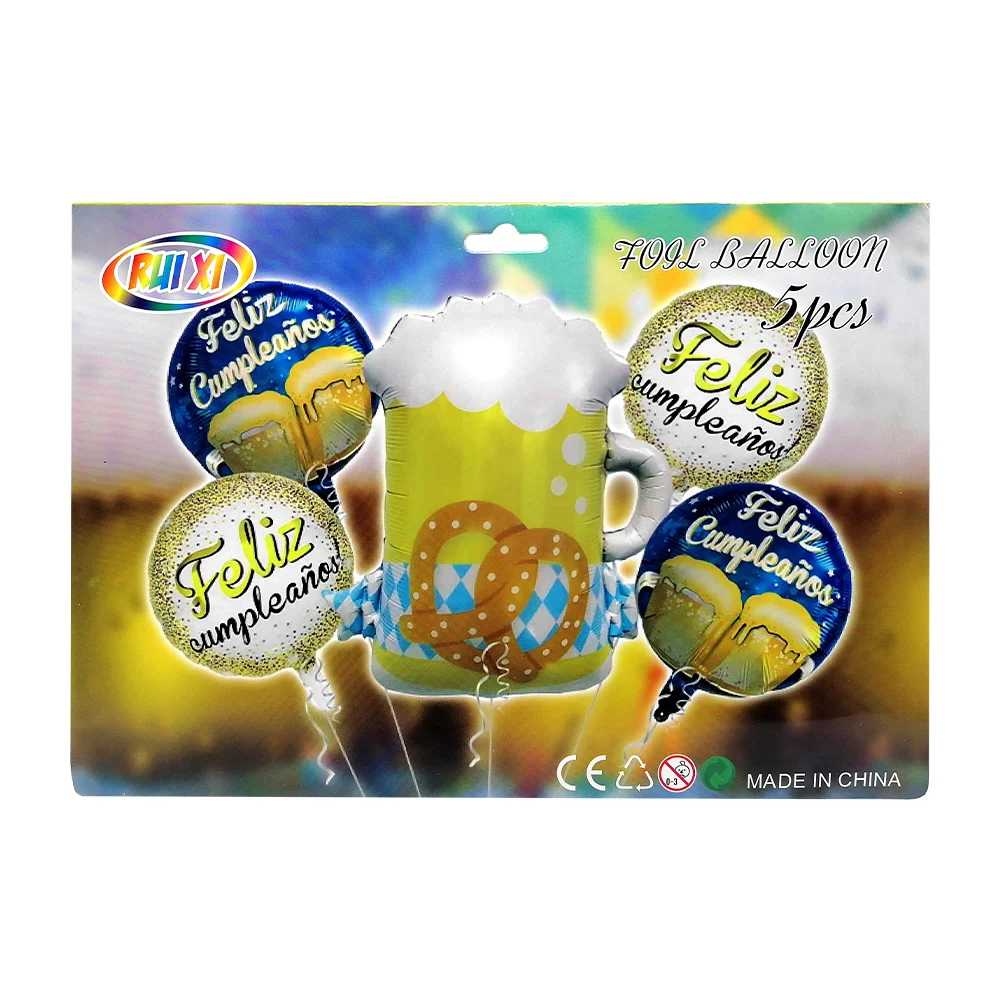 Set de 5 globos metálico con temática de cerveza - feliz cumpleaños / rui xi / qq-175