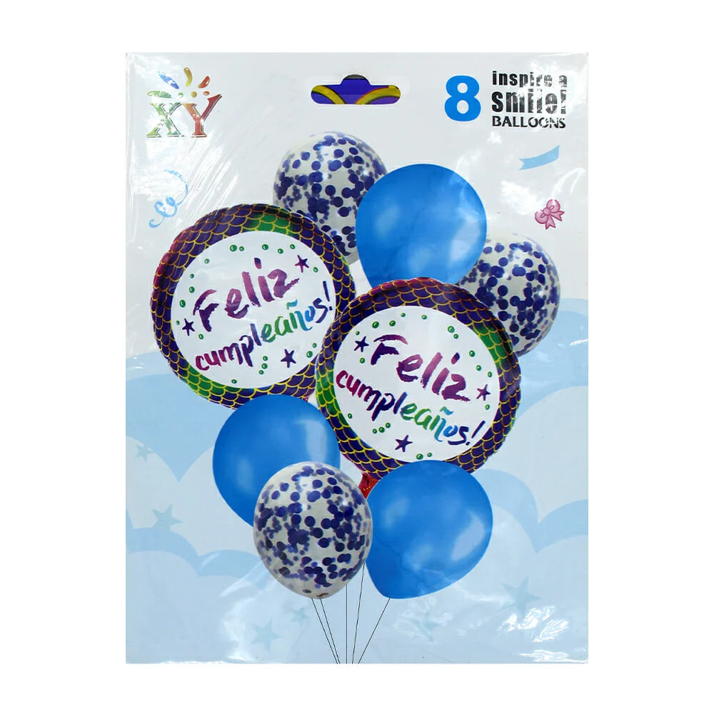 Paquete 8 pzas globos de látex y metálicos feliz cumpleaños, variedad de colores / xy-0061
