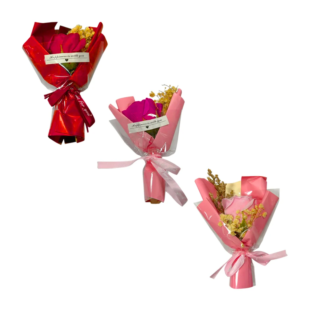 1pza Mini ramo de rosa artificial con listón just for you, variedad de colores / happiness is with you / qr-688