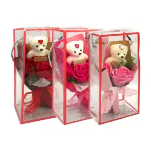 Caja transparente con ramo de 2 rosas y listón encaje + oso osito, va…