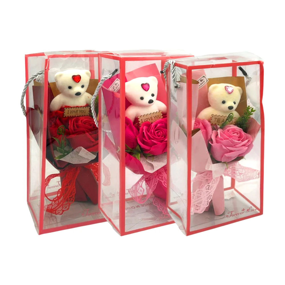 Caja transparente con ramo de 2 rosas y listón encaje + oso osito, variedad de colores / forever love
