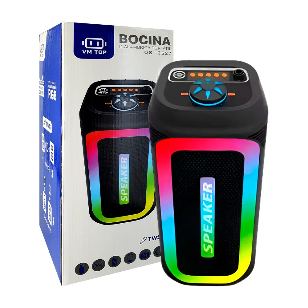 Bocina bluetooth vm top de 4 pulgadas con luces led rgb + ranura para micrófono, usb y micro sd / qs-3627