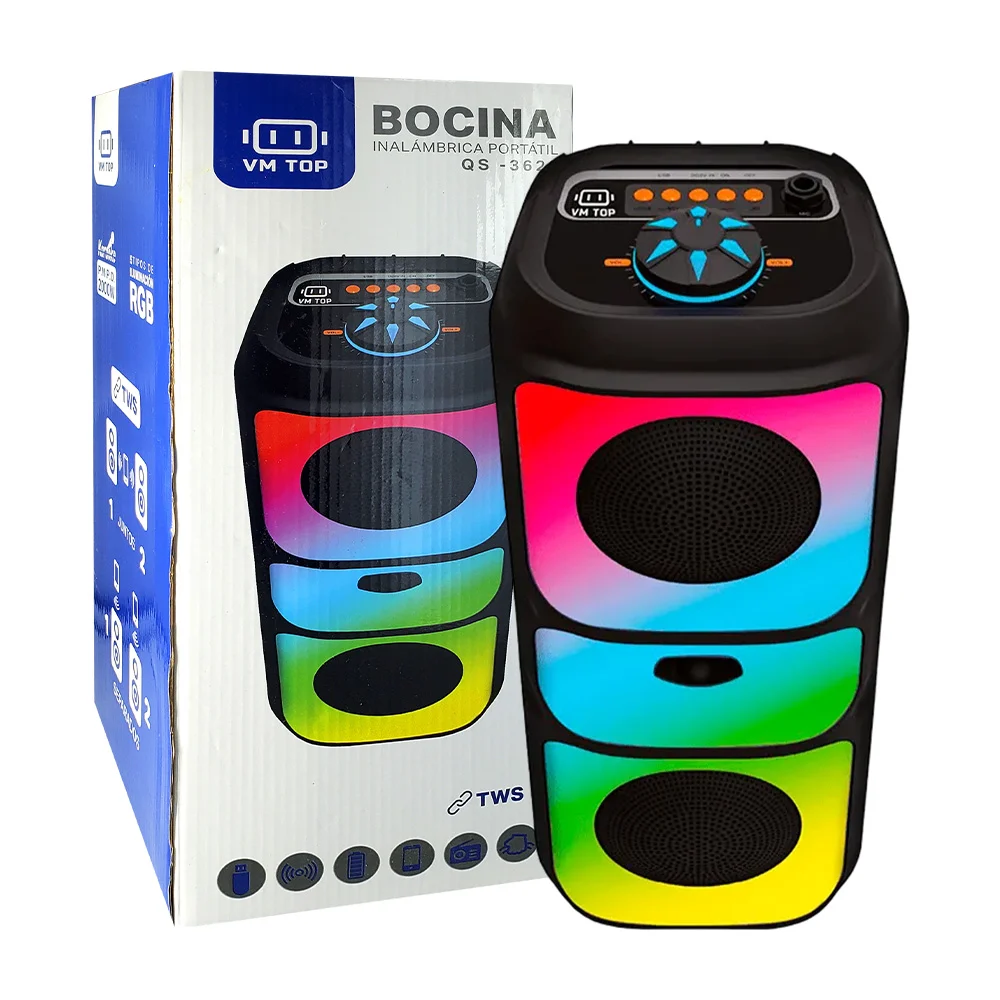 Bocina bluetooth vm top de 4 pulgadas con luces led rgb + ranura para micrófono, usb y micro sd / qs-3629