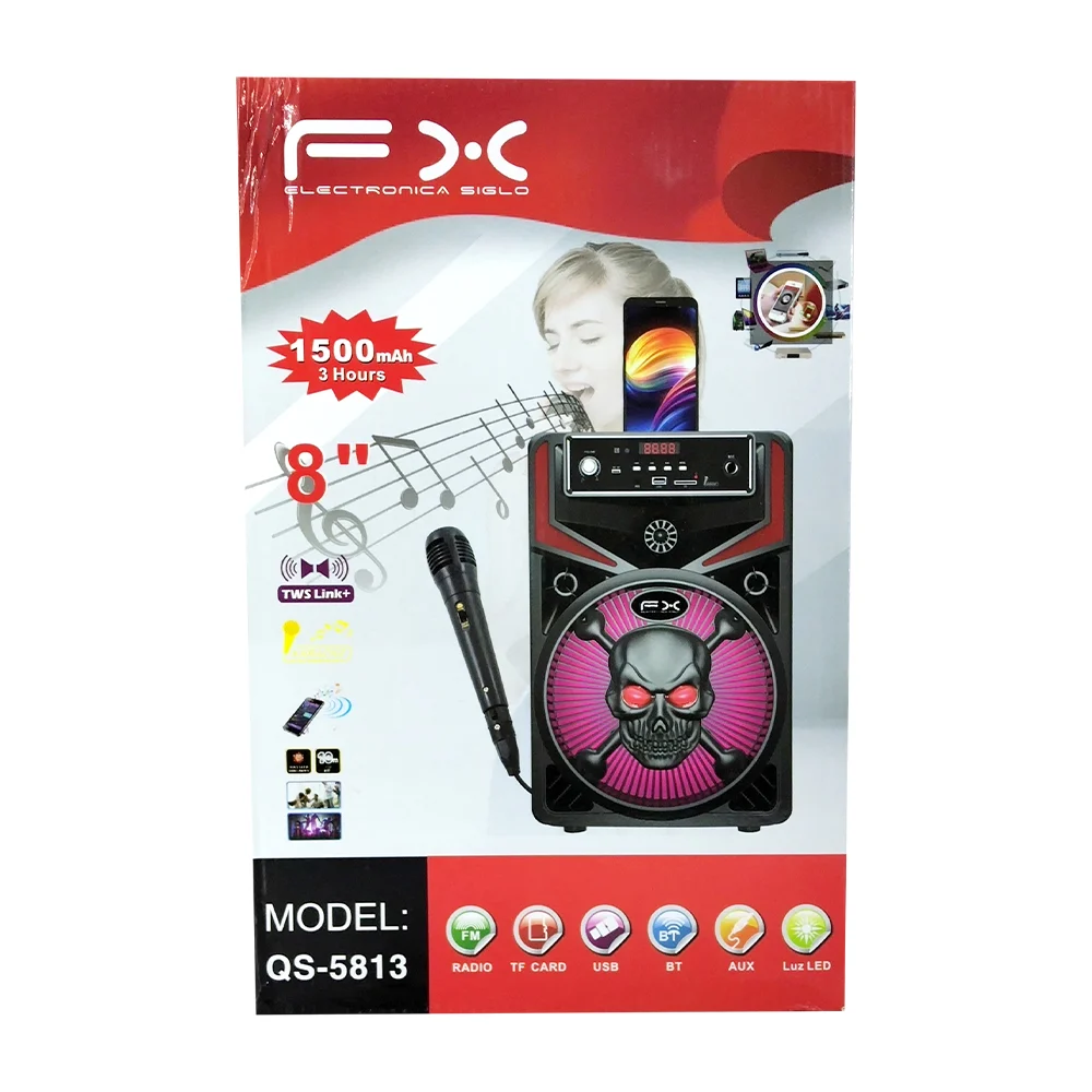 Bocina bluetooth de 8 pulgadas con micrófono, luces led y ranuras usb sd / qs-5813