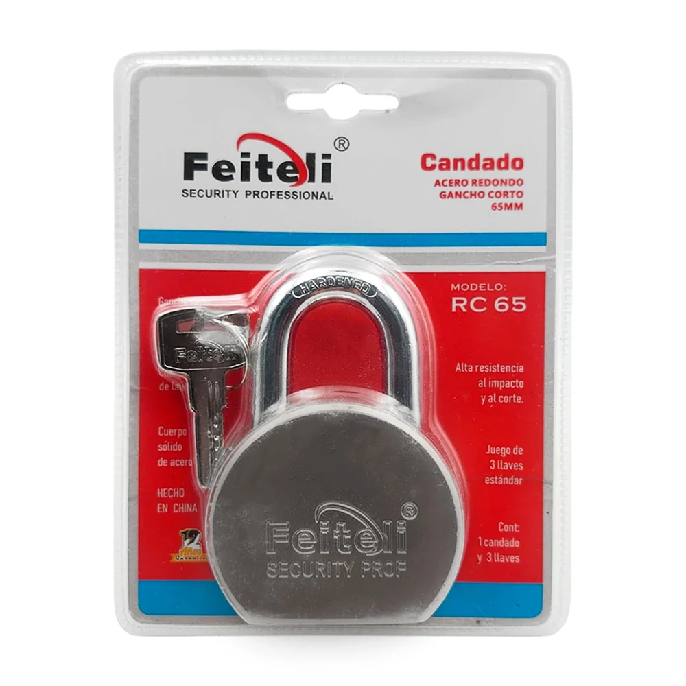 Candado redondo de gancho corto, 65mm acero sólido alta resistencia al corte y de alto impacto, seguridad máxima + juego de llaves / rc65
