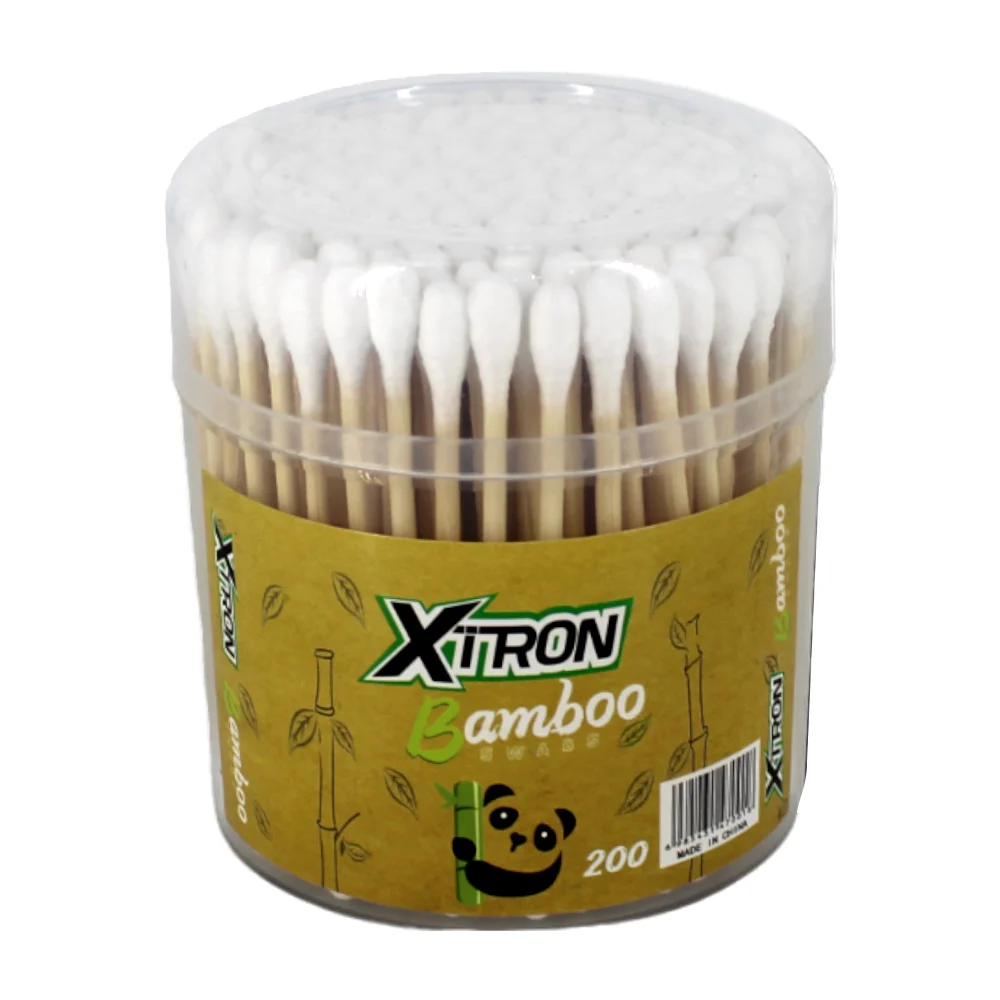 Bote de 200 cotonetes / hisopos con caja cilíndrica xtron con bastoncillo de bambú / ro-002 / 30003