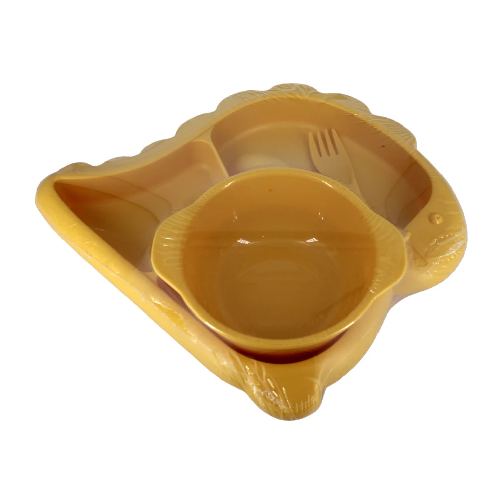 Plato infantil de plástico con 3 divisiones en forma de dinosaurio, tazón y cubiertos, variedad de colores / ro-0102