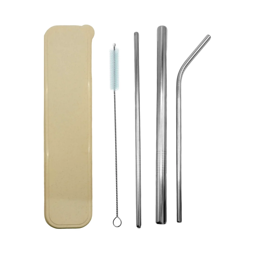 Estuche de plástico con 3 popotes metálicos de diferente medida + cepillo limpiador / ro-80424