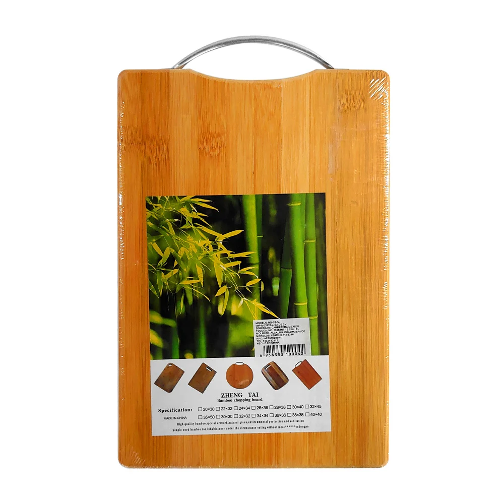 Tabla chica rectangular de bambú 19x29cm para picar, con agarradera metálica / cb-04