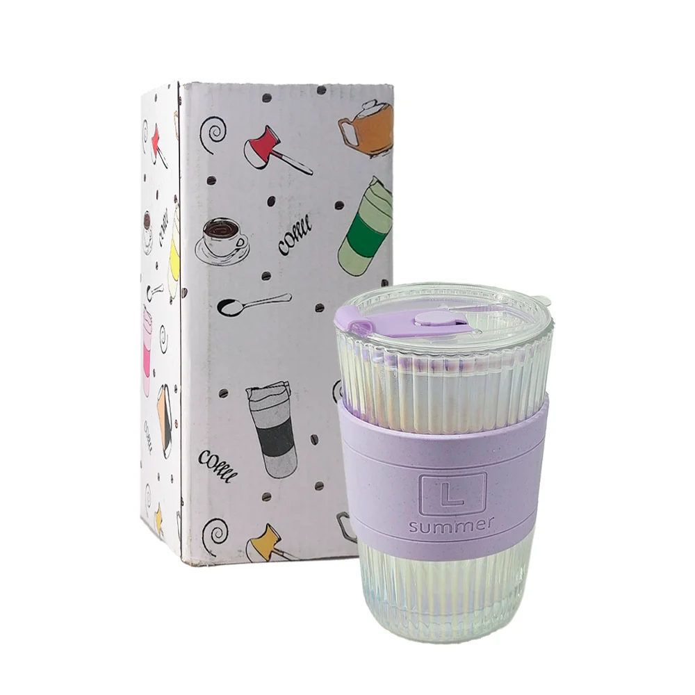 Vaso transparente de vidrio con efecto tornasol + tapa y banda de plástico, 13cm, variedad de colores / ro-sw10