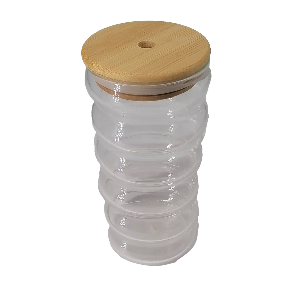 Frasco vaso transparente de vidrio en forma espiral con tapadera de madera, 15cm / ro-zrn009