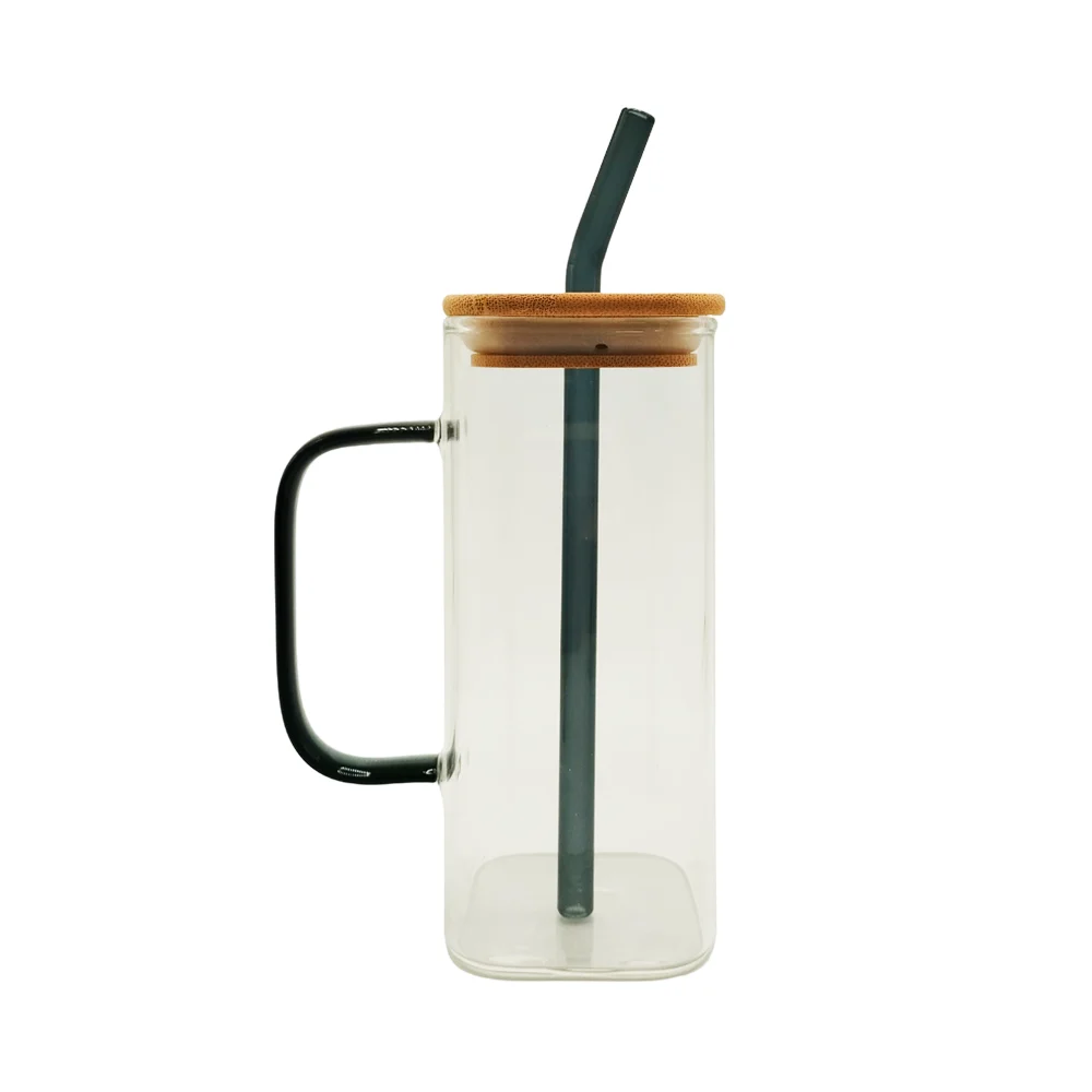 Vaso taza cilindro cuadrado transparente de vidrio con tapadera de madera y popote translúcido, 14cm / ro-zu