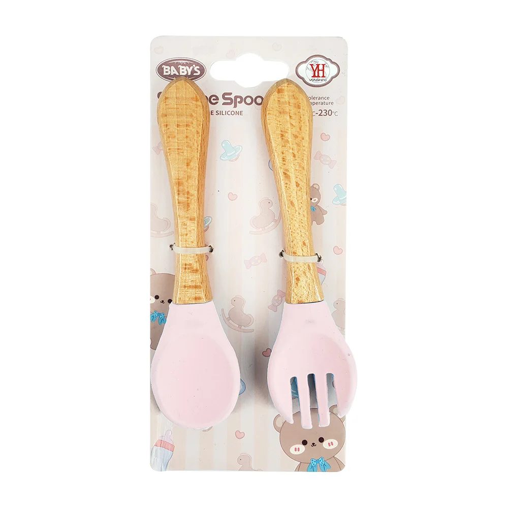 Set 2 cubiertos cuchara y tenedor de silicon con mango de madera, para bebé, variedad de colores / silicone spoon