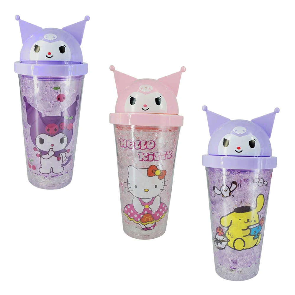 Vaso de acrílico con efecto hielo, luces led, popote y tapa con diseño de kuromi, variedad de modelos / sb-012
