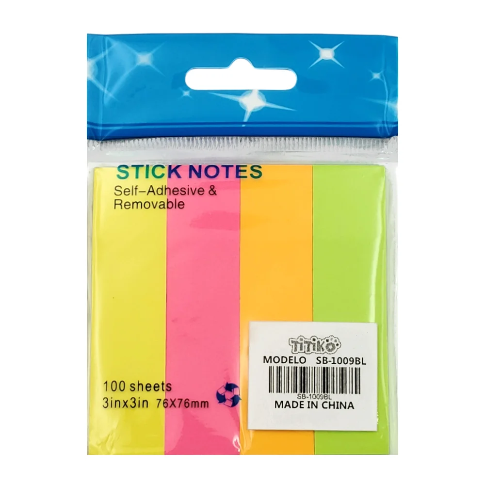 Paquete con 4 post it - notas adhesivas medianas con 100 hojas cada uno, 76x76mm, variedad de colores / stick notes titiko / sb-1009bl / notas medianas
