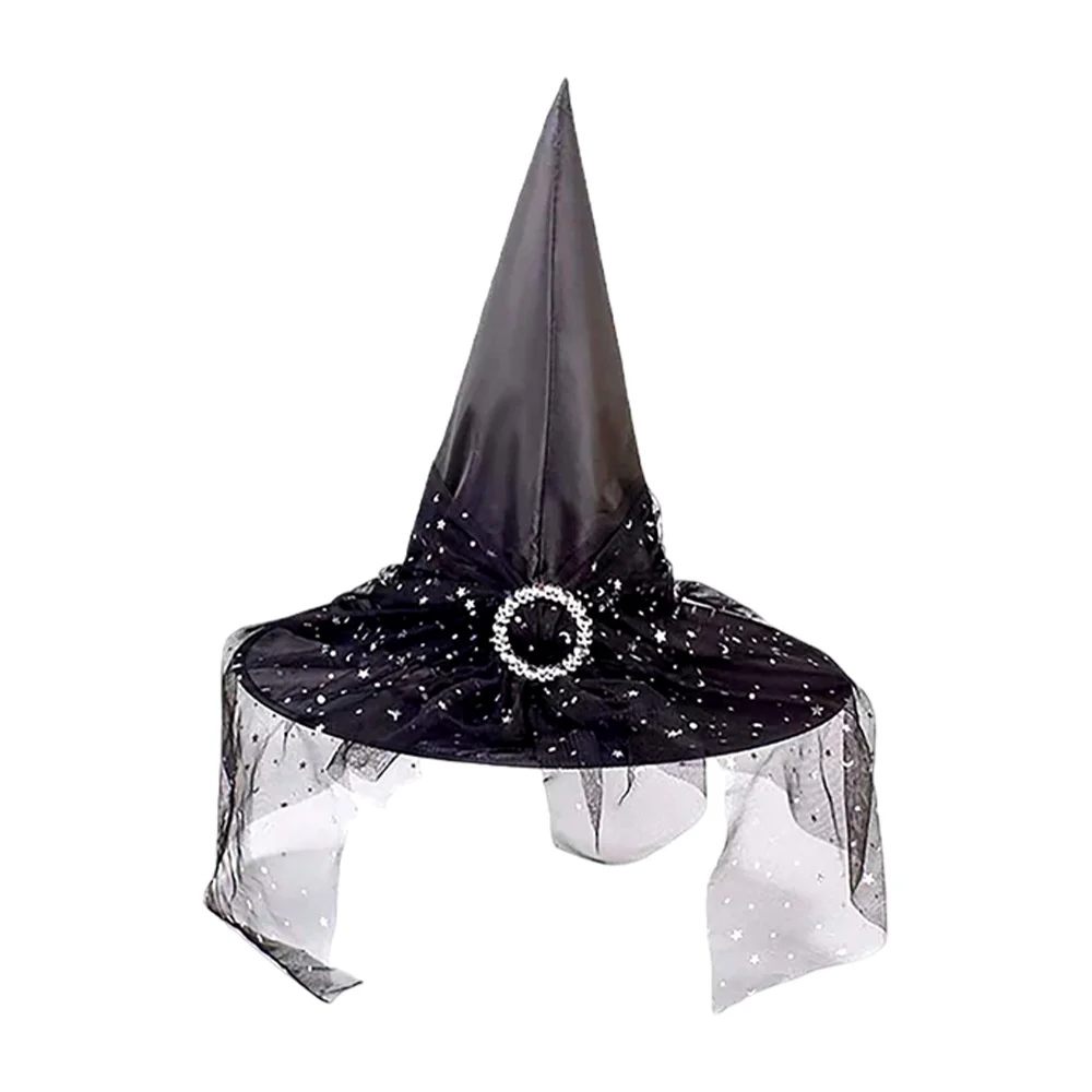 1pza Sombrero de bruja con broche metálico y tul con estrellas holográficas o encaje, variedad de diseños / sbr-w-390