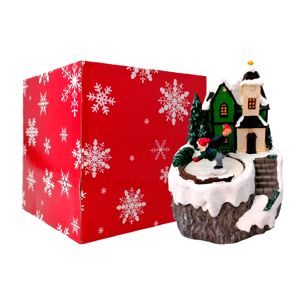 Adorno tipo caja musical navideña en forma de casa con niños patinando + luz y sonido 15cm, variedad de modelos