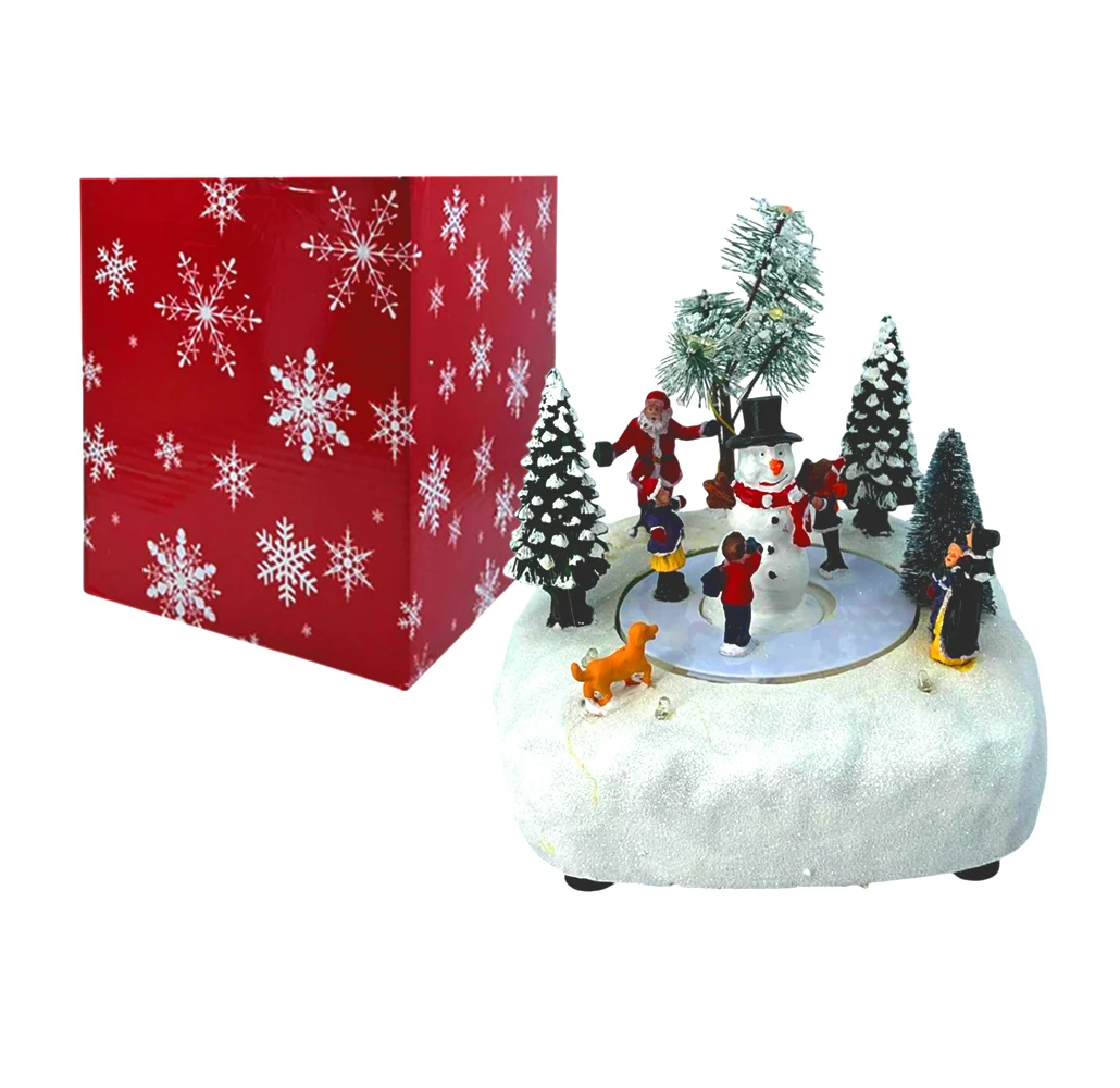 Adorno navideño tipo caja musical con diseño en forma de bosque cubierto de nieve con niños + muñeco de nieve, luz y sonido / sd-3890