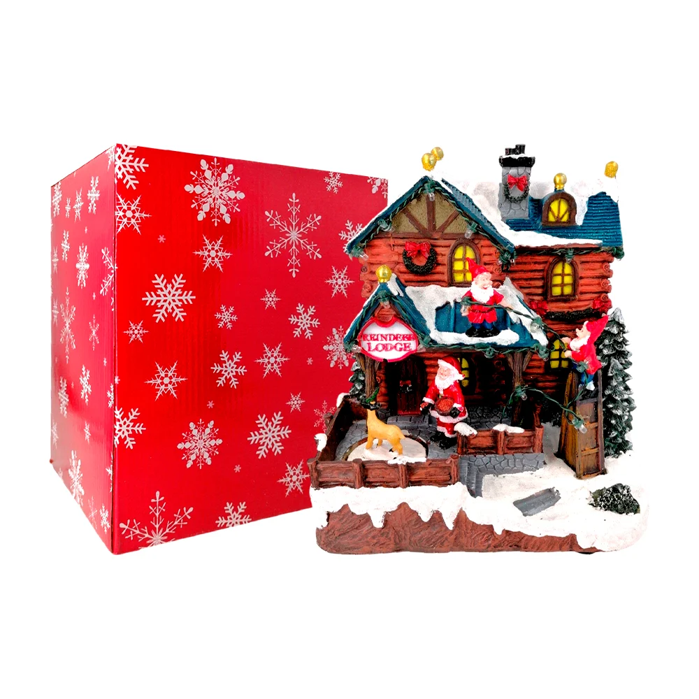 Adorno navideño tipo caja musical en forma de casa con santas adornando + luz, 22cm / sd-3893